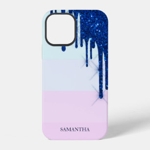 Elegant Modern Striped,Blue Glitter Drips iPhone 12 Case