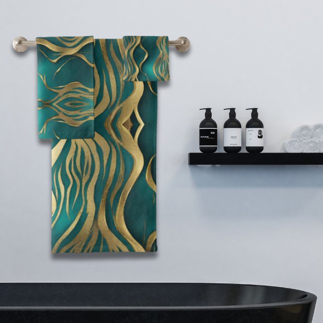 Elegant Modern Stripes Gold Turquoise Teal Blue  Bath Towel Set (Elegant Modern Stripes Gold Turquoise Teal Blue Bath Towel Set)
