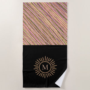 Elegant Modern Stripes Monogram Pink Gold  Beach Towel