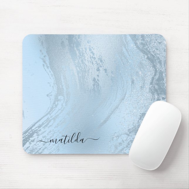 Elegant modern stylish baby blue marble glitter mouse pad (With Mouse)