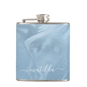 Elegant modern stylish baby blue marble look hip flask