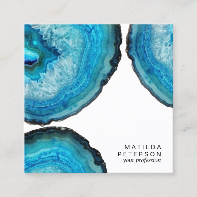 Elegant modern stylish blue agate geode stone square business card (Front)