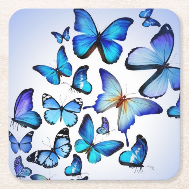 Elegant Modern Stylish Country Blue Butterflies Square Paper Coaster (Front)