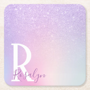 Elegant modern stylish girly ombre purple glitter square paper coaster