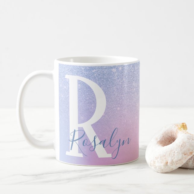 Elegant modern stylish ombre blue glitter rainbow coffee mug (With Donut)