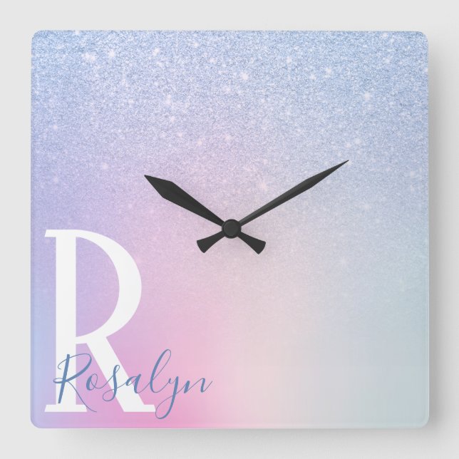 Elegant modern stylish ombre blue glitter rainbow square wall clock (Front)