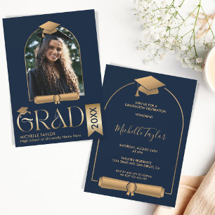 Elegant Modern Stylish Photo Gold Graduation Hat Invitation