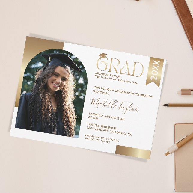 Elegant Modern Stylish Photo Gold Graduation Invitation (Creator Uploaded)