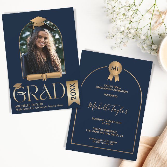 Elegant Modern Stylish Photo Gold Navy Graduation Invitation (Creator Uploaded)
