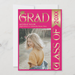 Elegant Modern Stylish Photo Gold Pink Graduate Invitation