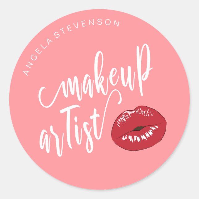 Elegant modern stylish red lips pink makeup artist classic round sticker (Front)