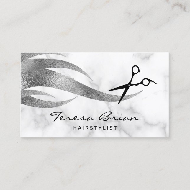 Elegant modern stylish silver scissors hairstylist business card (Front)