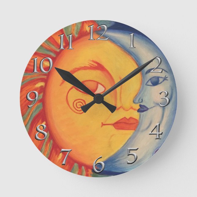 Elegant Modern Sun Moon  Stone Yellow Blue Sky Round Clock (Front)
