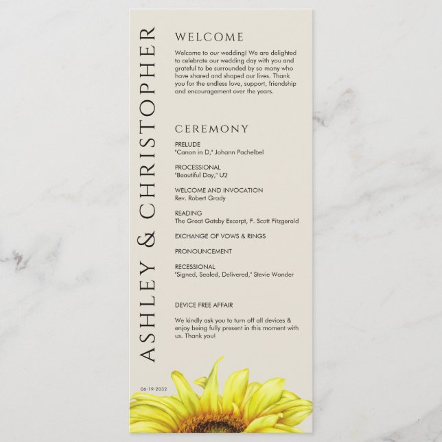 Elegant Modern Sunflower Wedding Program (Front)