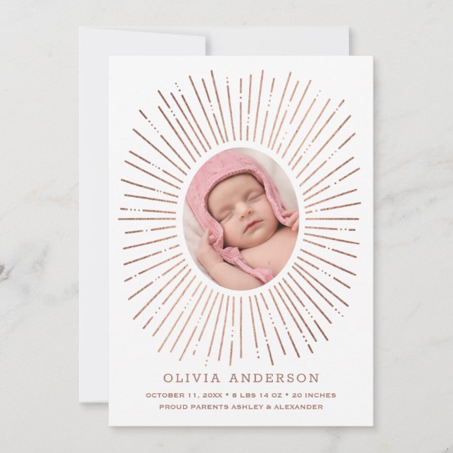 Elegant modern sunshine lines gender neutral birth announcement (Front)