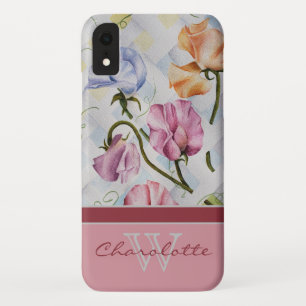 Elegant Modern Sweet Peas w Coral Monogram Name iPhone XR Case