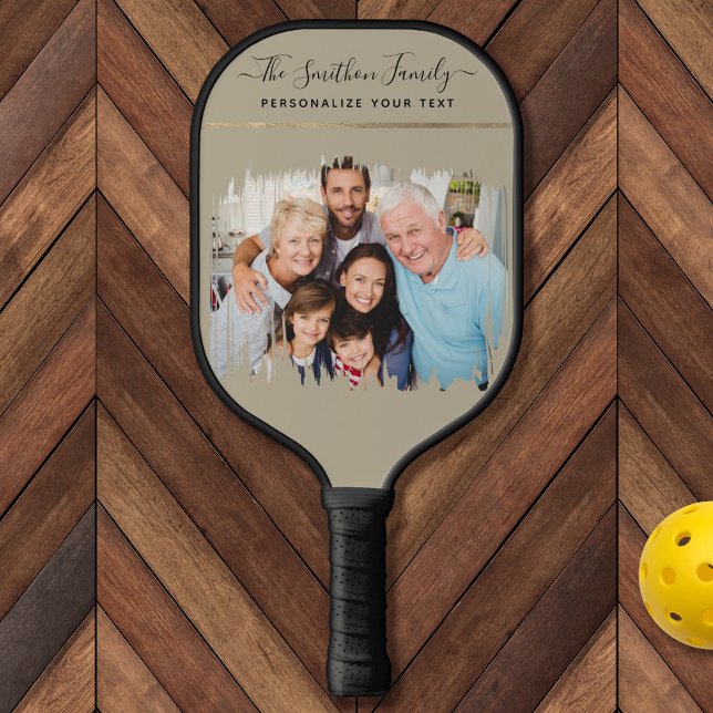  Elegant Modern Taupe & Gold Add Your Photo Family Pickleball Paddle (Creator Uploaded)