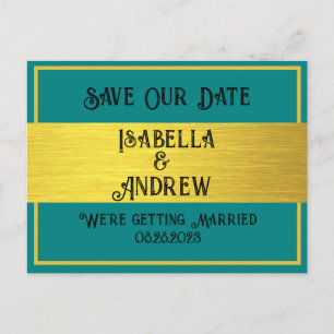 Elegant Modern Teal & Gold Wedding Save The Date Postcard
