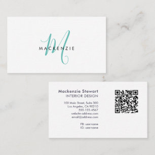 Elegant Modern Teal Script Monogram QR Code Busine Business Card