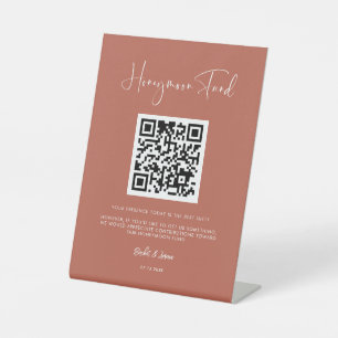 Elegant & modern terracotta Honeymoon fund QR code Pedestal Sign