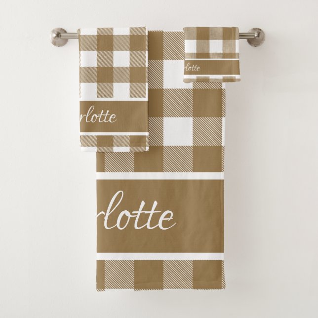 Elegant Modern Tortilla Brown White Buffalo Checks Bath Towel Set (Insitu)