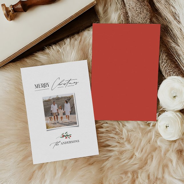 Elegant modern traditional red bow multi photo holiday card (Creator Uploaded)
