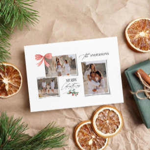 Elegant modern traditional red bow multi photo holiday card