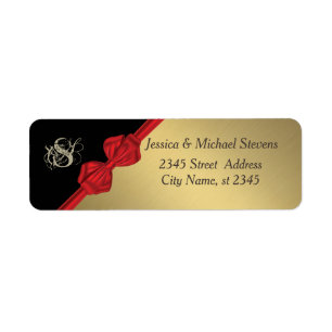 Elegant modern trendy black/gold holiday red bow return address label