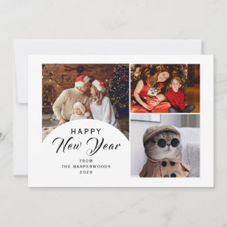 Elegant Modern Trendy Happy New Year 3 Photo Holiday Card
