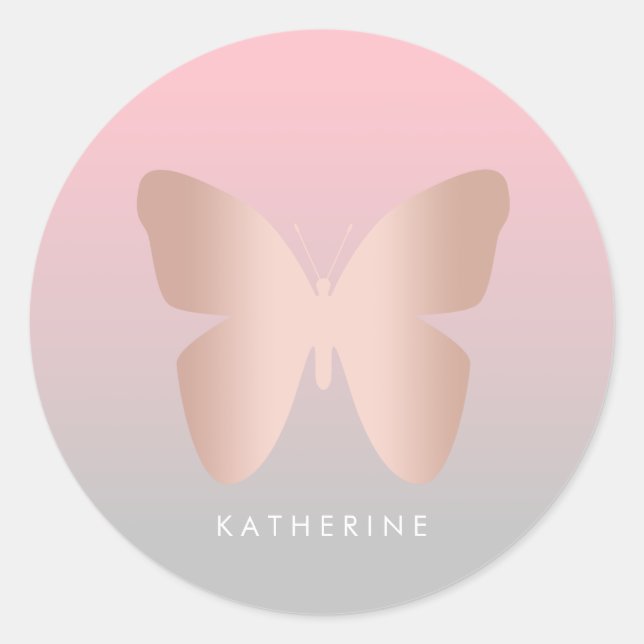 Elegant modern trendy rose gold butterfly classic round sticker (Front)