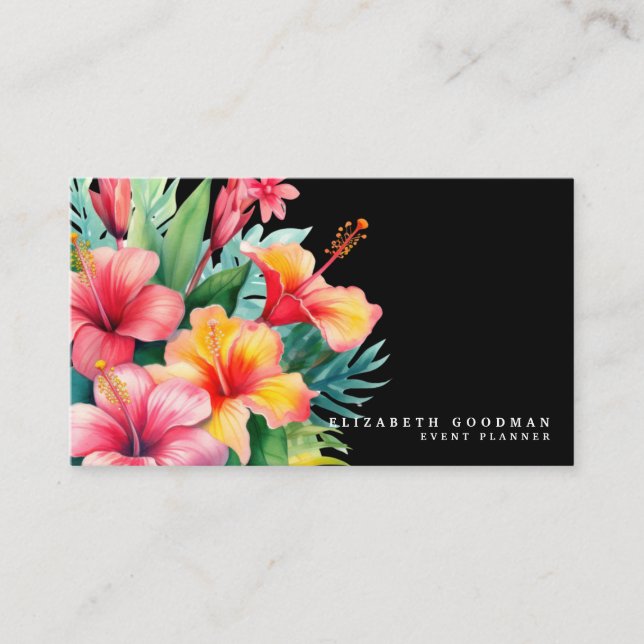 Elegant Modern Tropical Black Business Cards (Front)