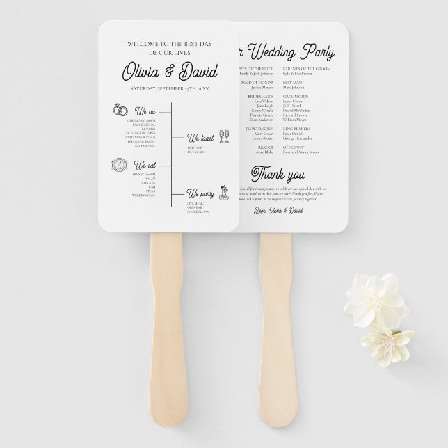 Elegant Modern Unique Wedding Timeline Program Hand Fan (Front and Back)