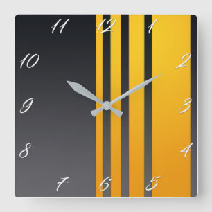 Elegant, modern, vertical yellow lines, dark grey square wall clock