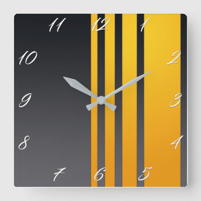Elegant, modern, vertical yellow lines, dark grey square wall clock (Front)