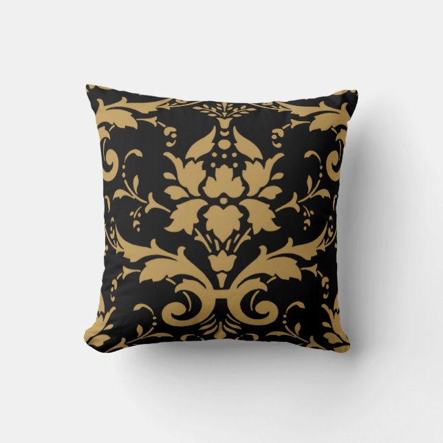 Elegant Modern Vintage Gold Damask on Black Pillow (Front)