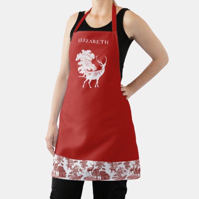 Elegant Modern Vintage Red White Toile Deer  Apron (Insitu)