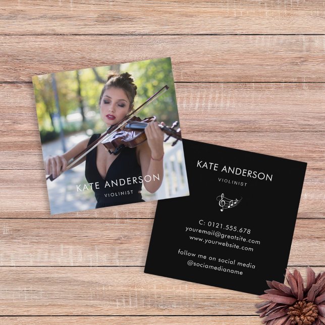 Elegant Modern Violinist Musician Photo Square Business Card (Creator Uploaded)