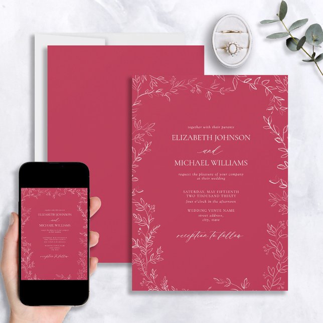 Elegant Modern Vivid Magenta Minimal Leaf Wedding Invitation (Creator Uploaded)