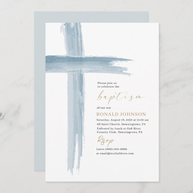 Elegant Modern Watercolor Baptism Cross Invitation (Front/Back)