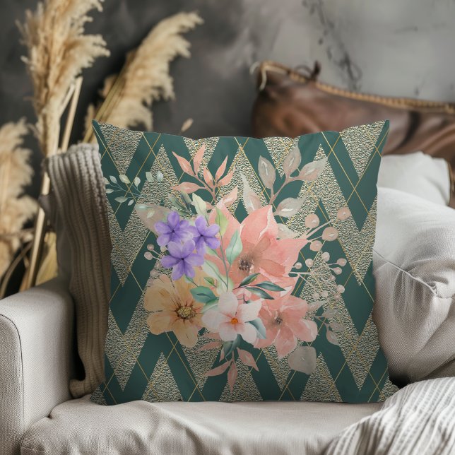Elegant Modern Watercolor Bouquet Chevron Green Cushion (Creator Uploaded)