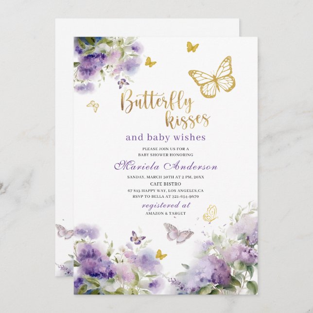 Elegant Modern  Watercolor Butterfly kisses Baby S Invitation (Front/Back)