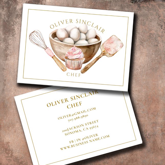 Elegant Modern Watercolor Chef Caterer Baker Business Card (Creator Uploaded)