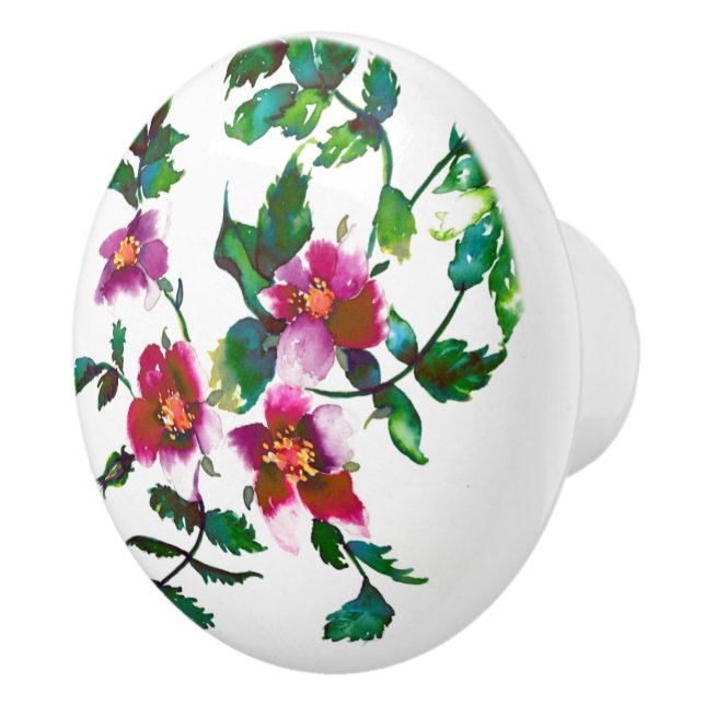 Elegant modern watercolor dark pink wildflowers ceramic knob (Right)