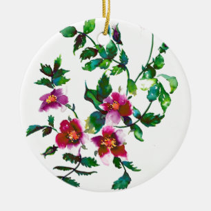 Elegant modern watercolor dark pink wildflowers ceramic tree decoration