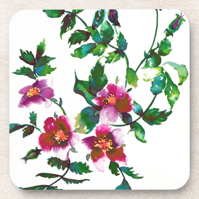 Elegant modern watercolor dark pink wildflowers coaster (Front)
