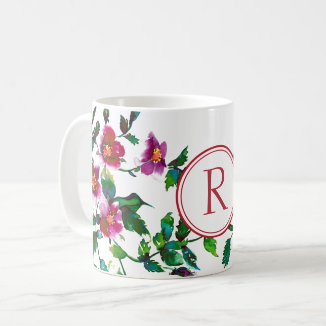 Elegant modern watercolor dark pink wildflowers coffee mug (Front Left)
