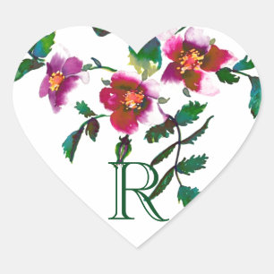 Elegant modern watercolor dark pink wildflowers heart sticker