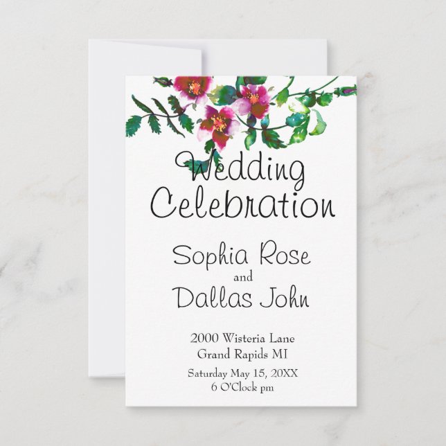 Elegant modern watercolor dark pink wildflowers invitation (Front)