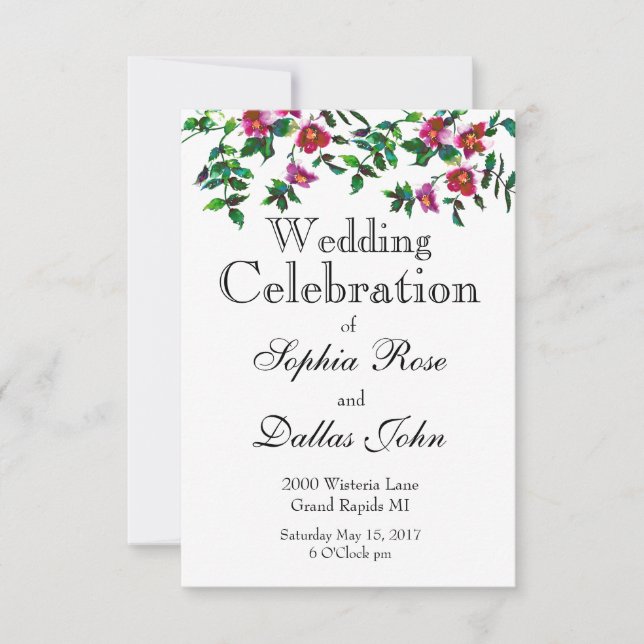 Elegant modern watercolor dark pink wildflowers invitation (Front)