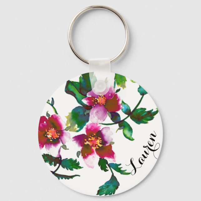 Elegant modern watercolor dark pink wildflowers key ring (Front)